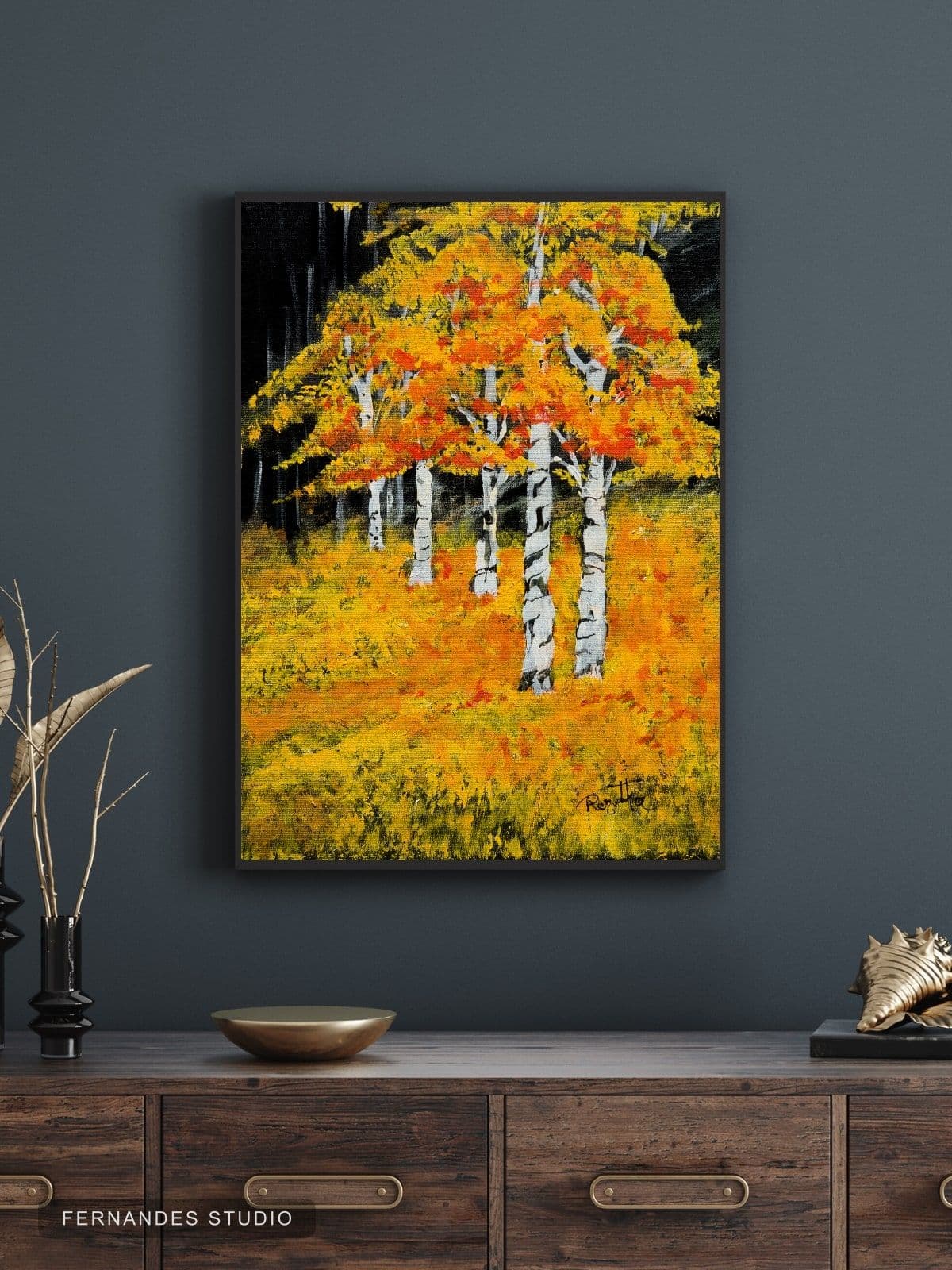 Radiant Midnight — a golden birch forest glowing under moonlight on a dark canvas