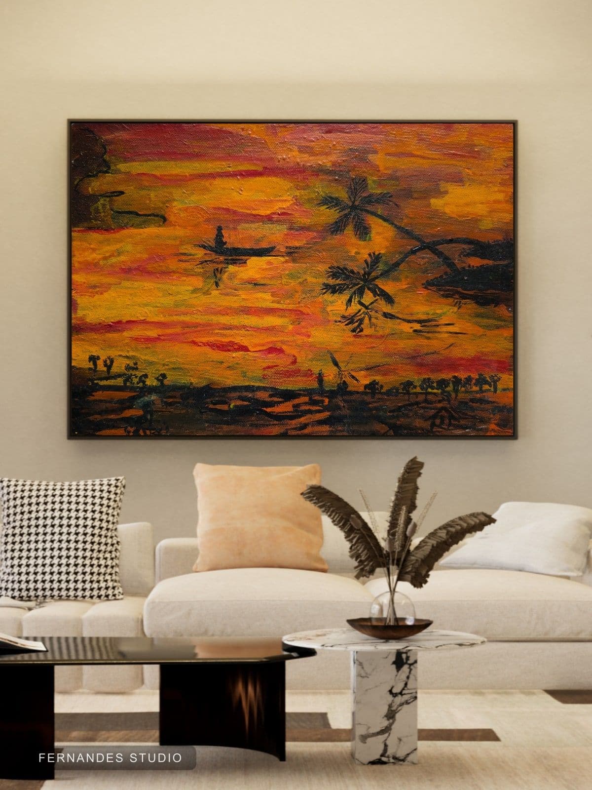 Sunset on the Water — a canoe crossing still water beneath palm trees at dusk, framed on a gallery wall